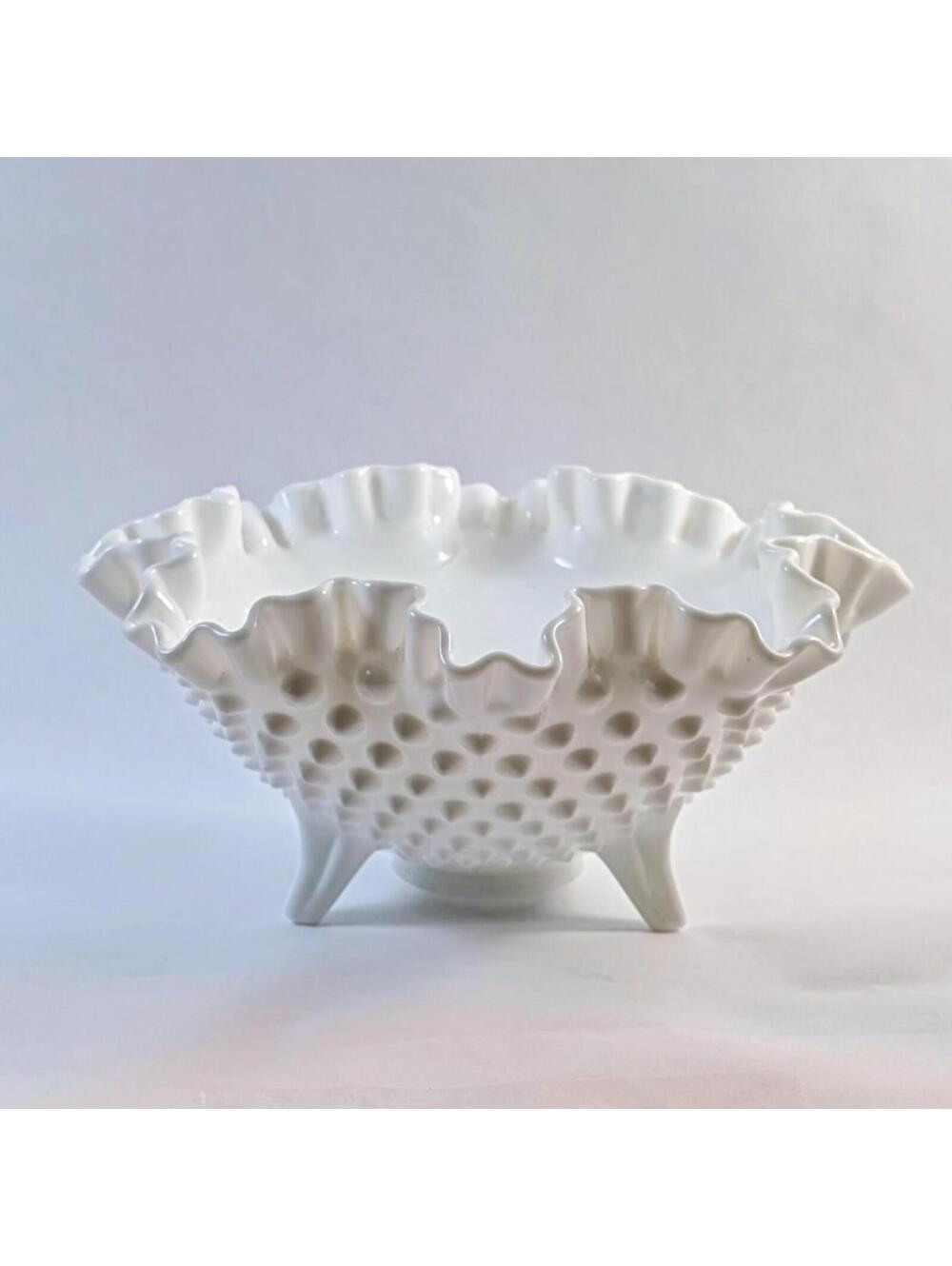 Fenton Milk Glass Hobnail Ruffled Edge Bowl 3-toed 8"